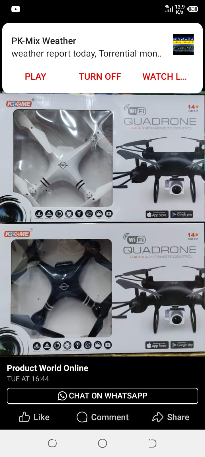 Quadrone WiFi 4ch 2.4 GZ drone high resolution Hd cam 