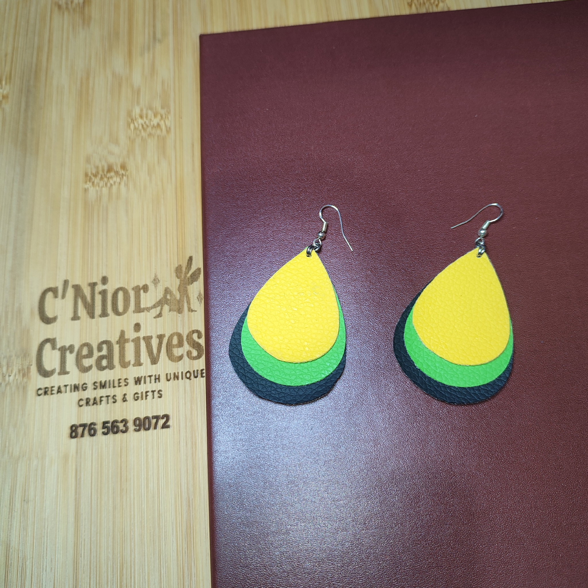 Leather Earrings (Black Green and Gold) _0