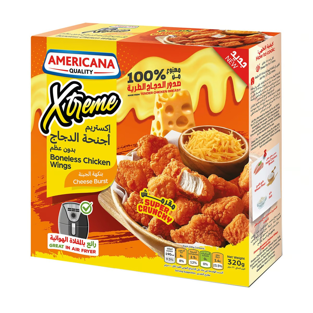 Americana Xtreme Super Crunchy Frozen Boneless Chicken Wings Cheese Burst Flavor