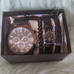Leather Band Watch & 3 pc Bracelet 
