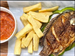 Grilled Fish, Yam Chips, Plantain & Salad