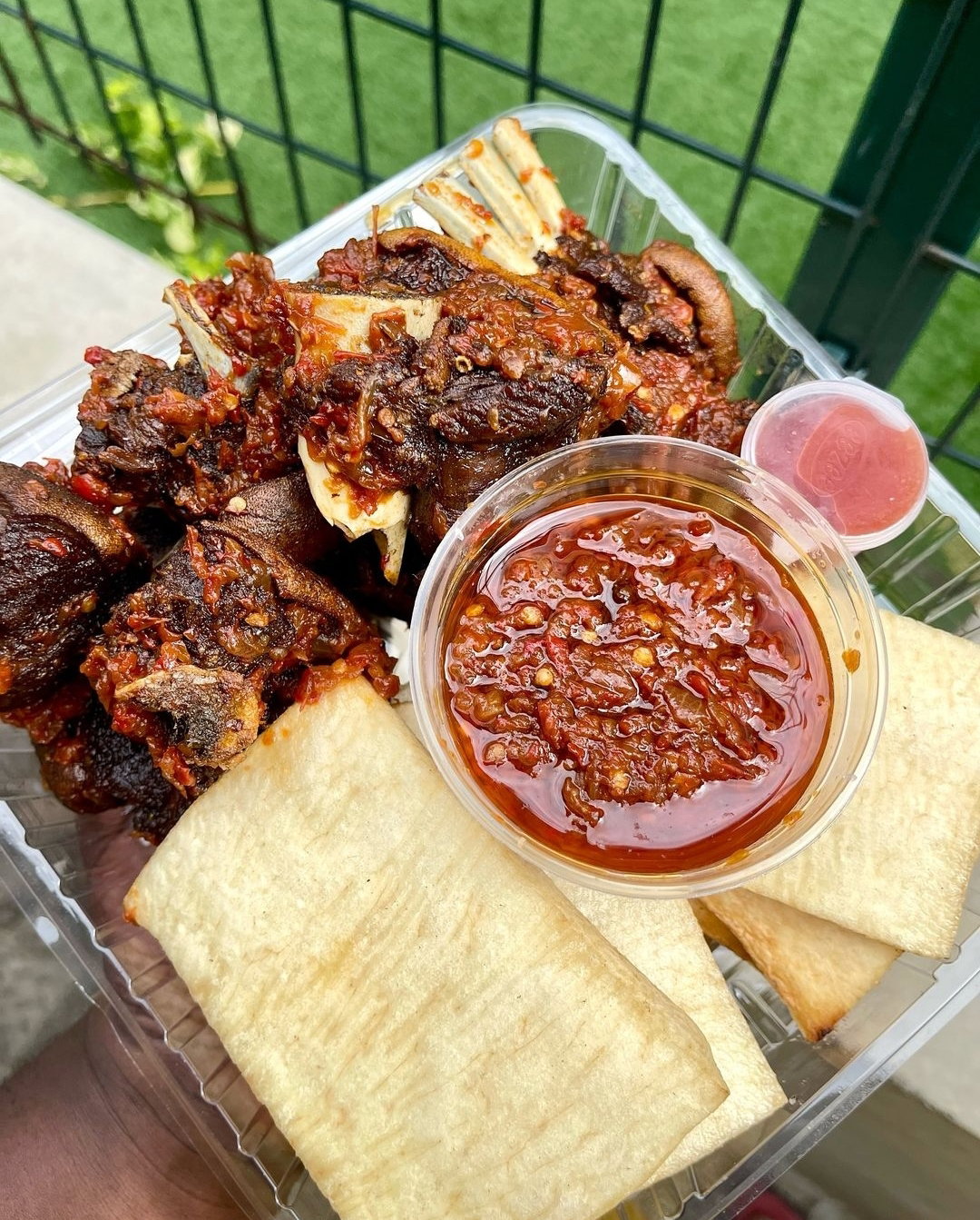 Goat Meat, Yam Chips & Pepper Sauce
