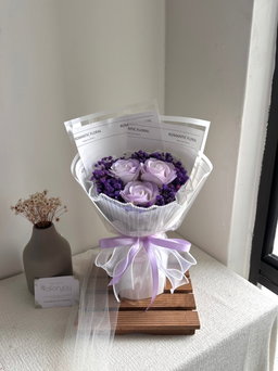 (3R018) 3 Stalk Soap Rose Baby Breath Bouquet 