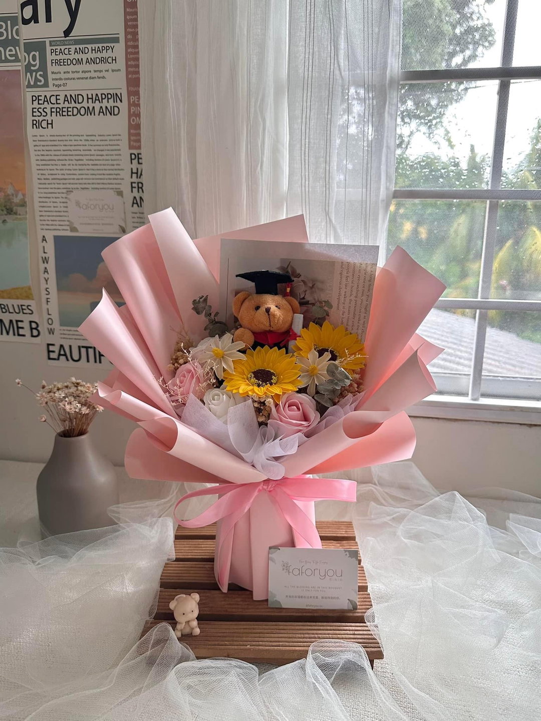 (GB022) Graduation Bear Mixed Flower Bouquet