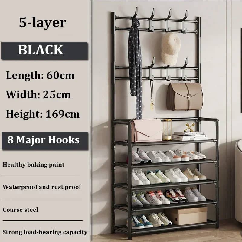 5 Layer Integrated Shoe Rack Coat Hat Racks Bedroom Strong - Black
