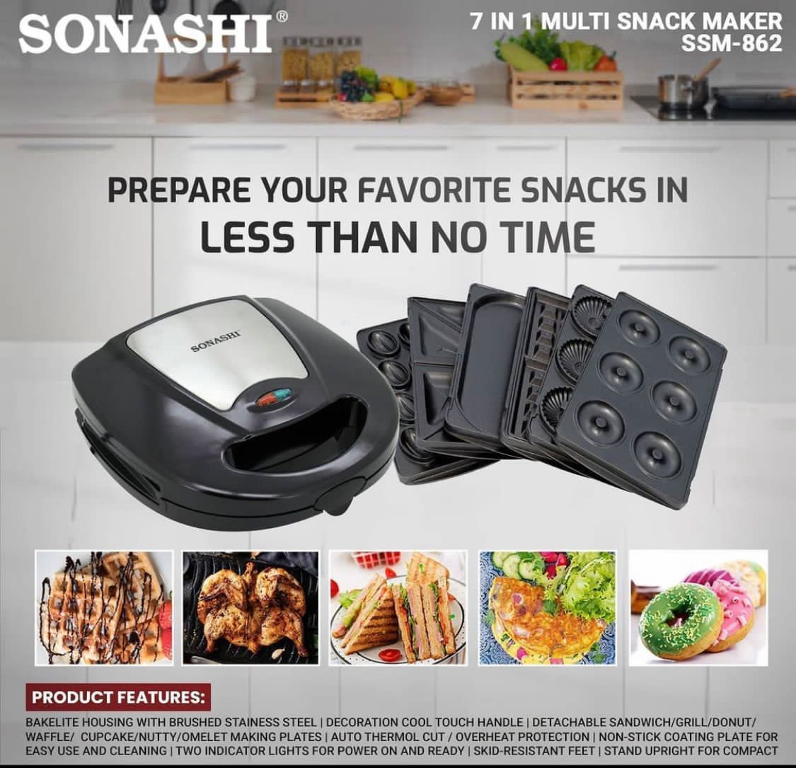 Sonashi 7-in-1 Multi Snack Maker SSM-862 – Detachable Sandwich, Grill, Donut, Waffle, Cupcake, Nutty, Omelet Making Plates_1