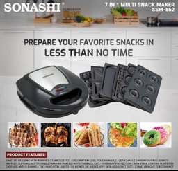 Sonashi 7-in-1 Multi Snack Maker SSM-862 – Detachable Sandwich, Grill, Donut, Waffle, Cupcake, Nutty, Omelet Making Plates