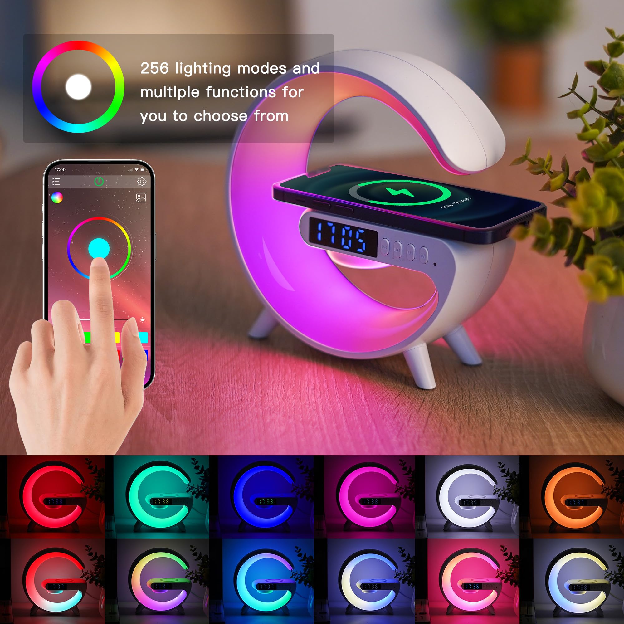 Mini Wireless Speaker with Atmosphere Light, Wireless Charging, Alarm Clock and Bedside Lamp - Black_2
