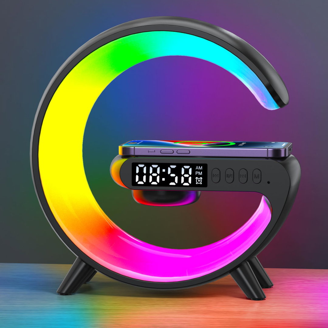 Mini Wireless Speaker with Atmosphere Light, Wireless Charging, Alarm Clock and Bedside Lamp - Black