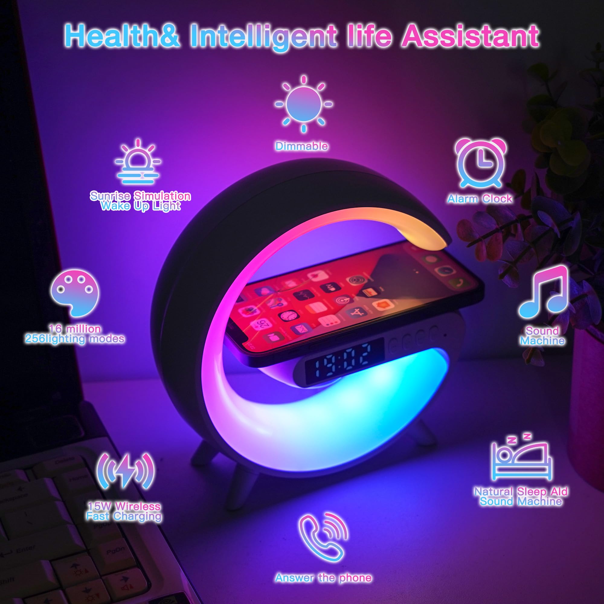 Mini Wireless Speaker with Atmosphere Light, Wireless Charging, Alarm Clock and Bedside Lamp - Black_1