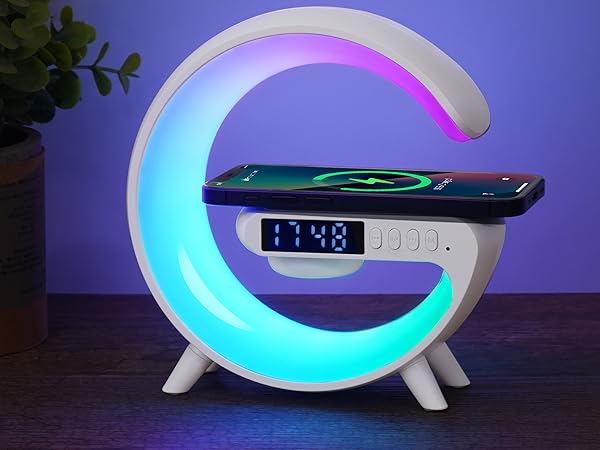 Mini Wireless Speaker with Atmosphere Light, Wireless Charging, Alarm Clock and Bedside Lamp - Black_6