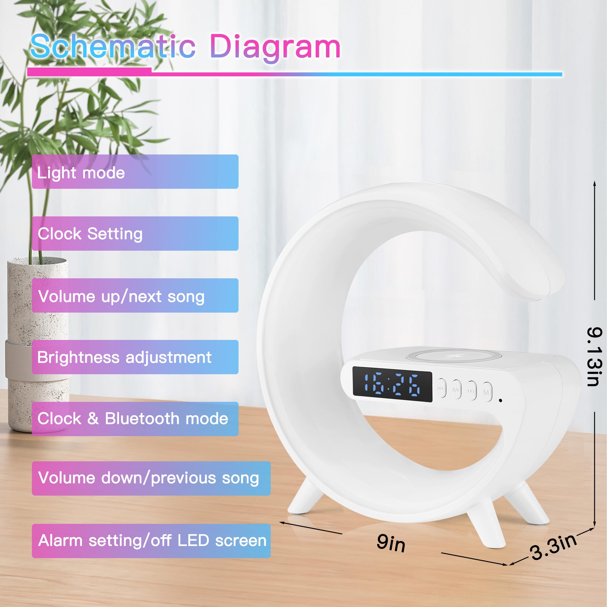 Mini Wireless Speaker with Atmosphere Light, Wireless Charging, Alarm Clock and Bedside Lamp - Black_4