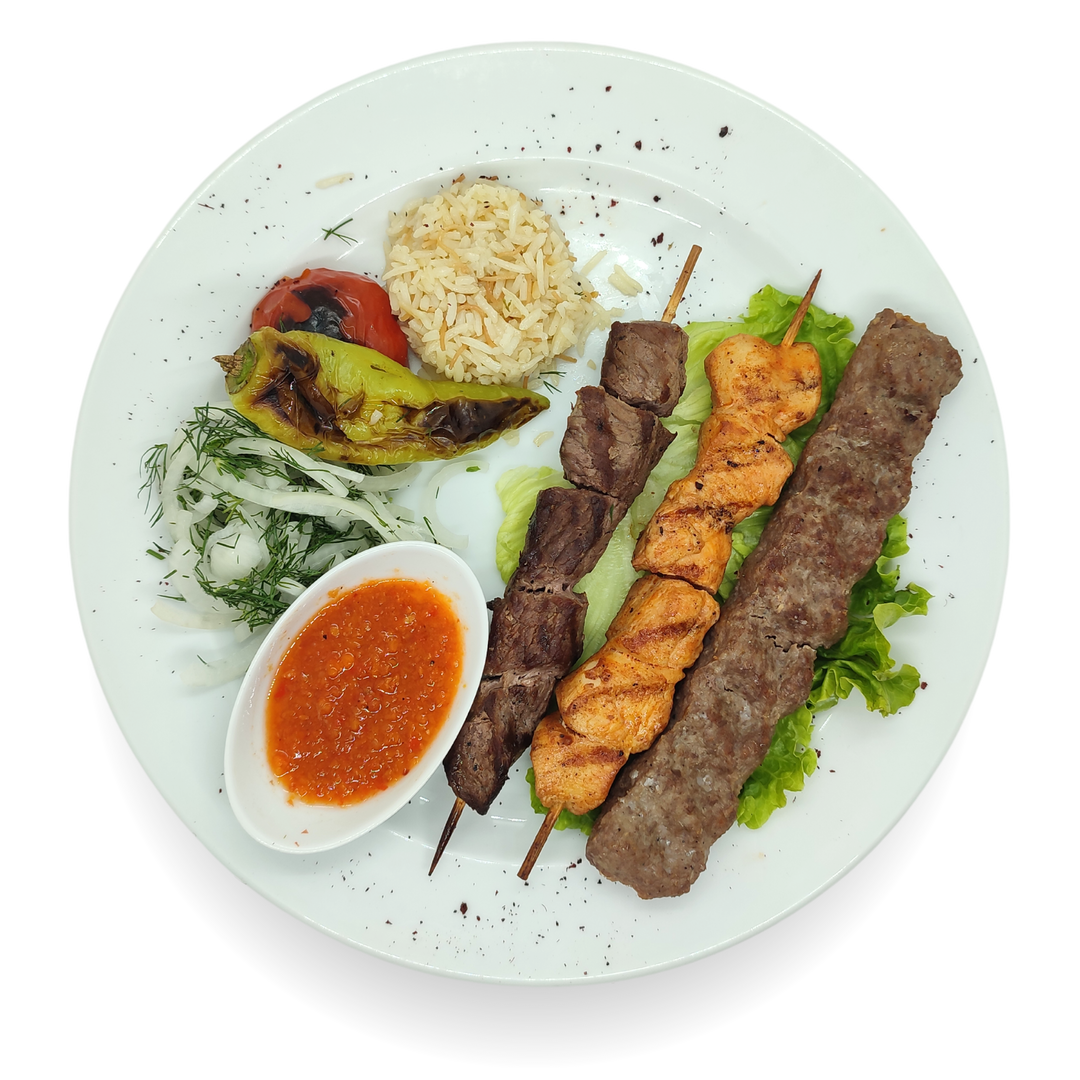 H9- 1 Beef Lule Kebab, 1 Beef Sis Kebab, 1 Chicken Sis Kebeb