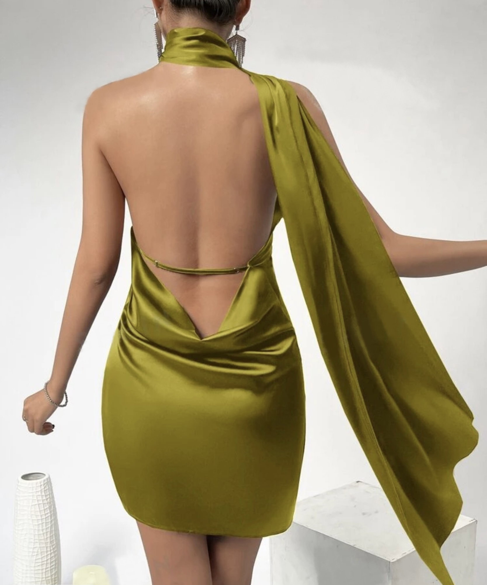 Olive Draped Backless Dress_2