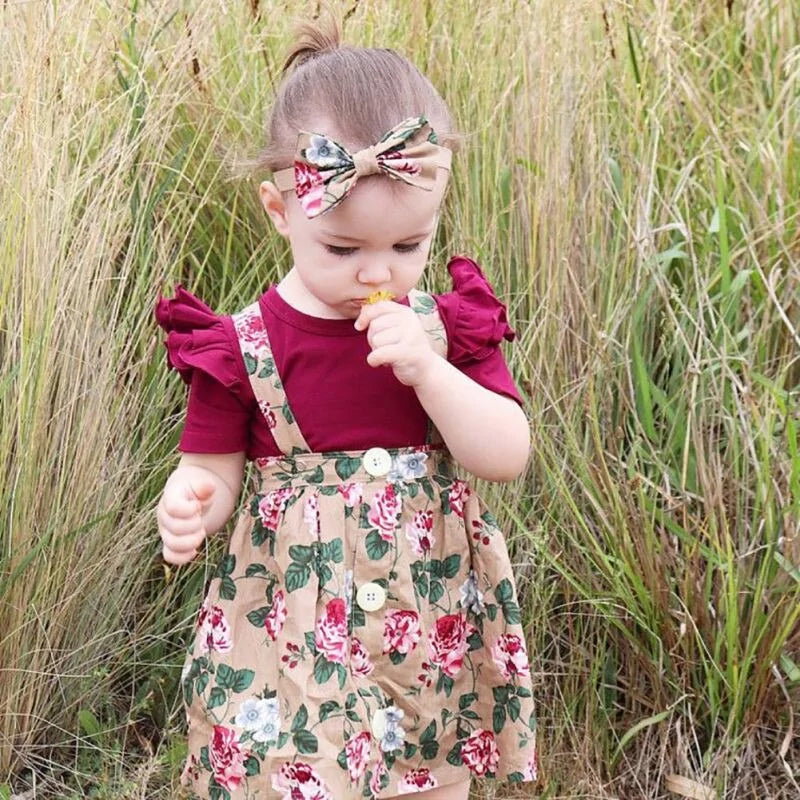 Baby Girl Floral Print Dress Romper Headband Clothes Set_2
