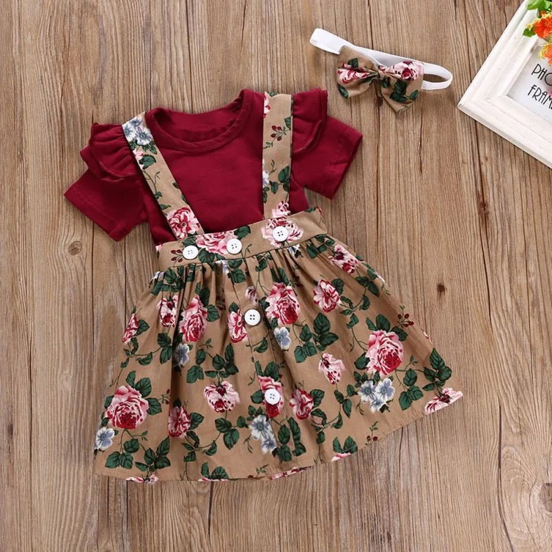 Baby Girl Floral Print Dress Romper Headband Clothes Set_1