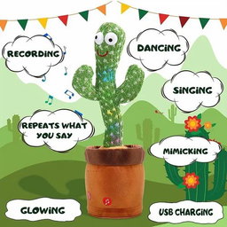 Cactus Interactif Parlant et Dansant avec Musique et Effets Lumineux 