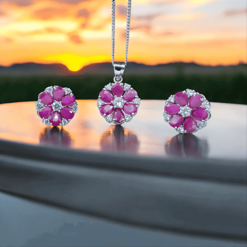 Silver Pink Flower Pendant Set for Women_0
