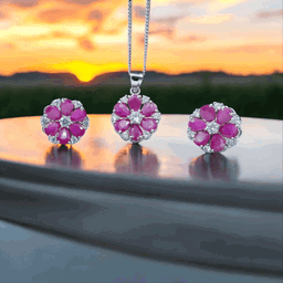 Silver Pink Flower Pendant Set for Women