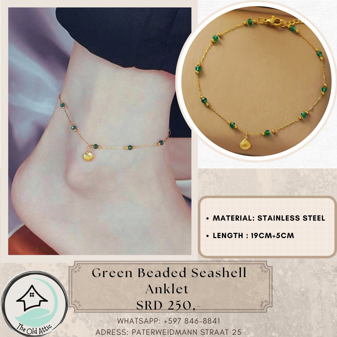 Green Beaded Seashell Anklet 