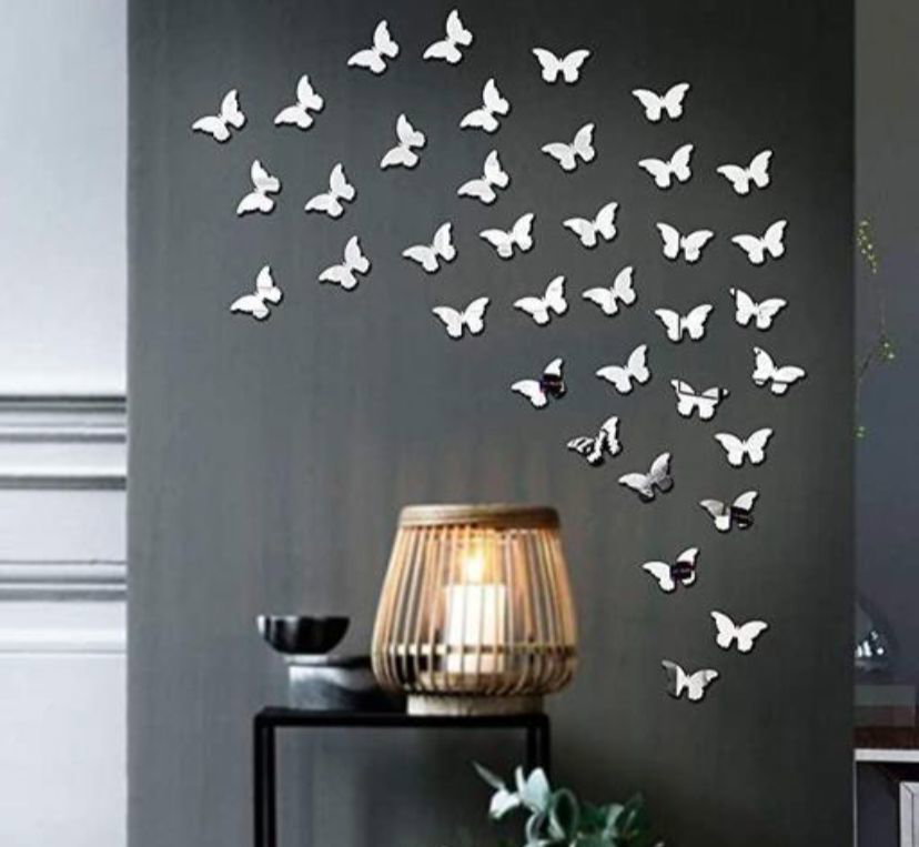 Silver Colour Butterfly 🦋 Mirror 🪞 Stickers For Decoration-(4.5cm*3.6cm)- (20 Piece Set)*