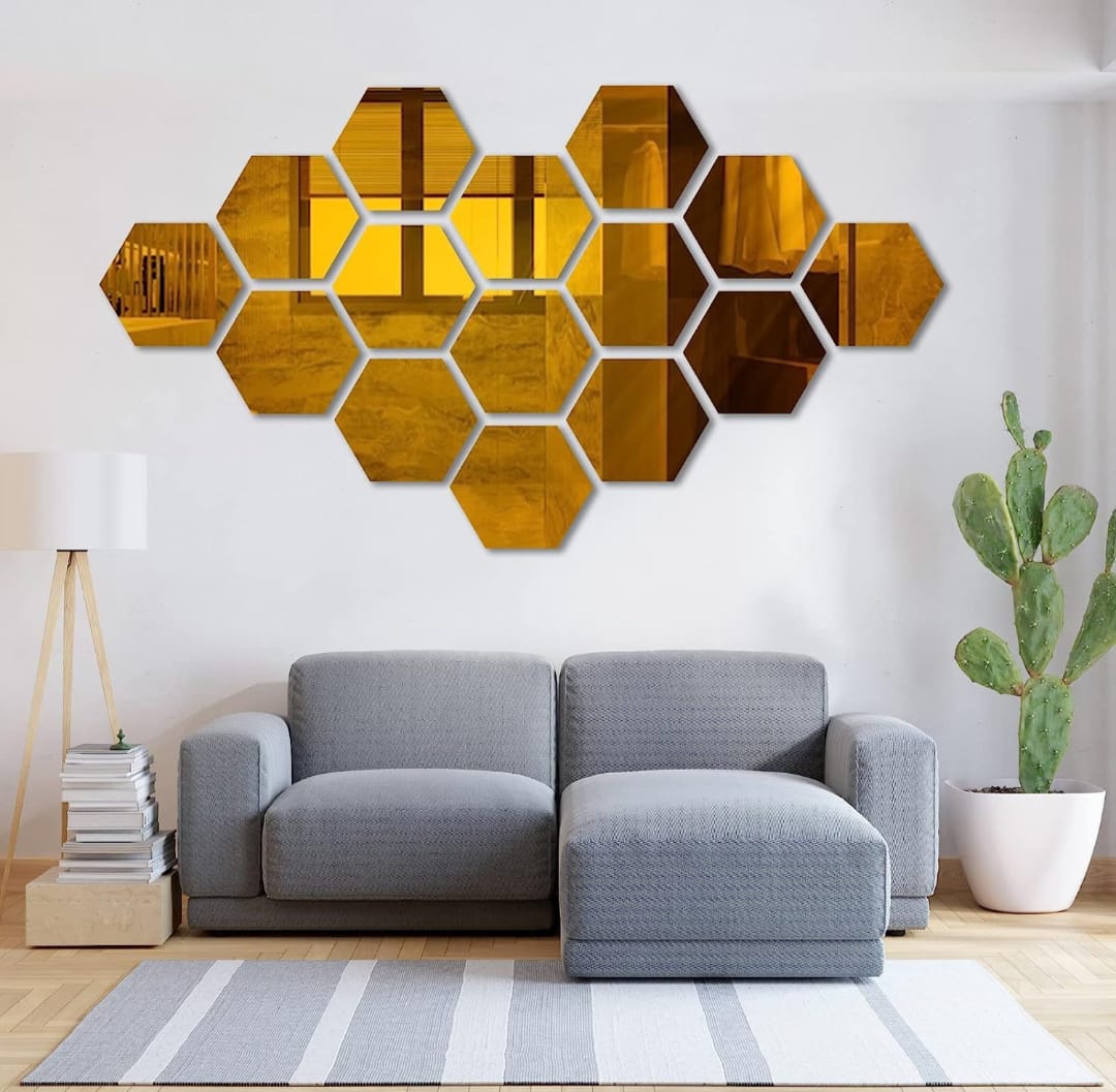 Golden Colour Hexagon Mirror 🪞 Stickers For Decoration-(12cm*11cm)-(10 Piece Set)