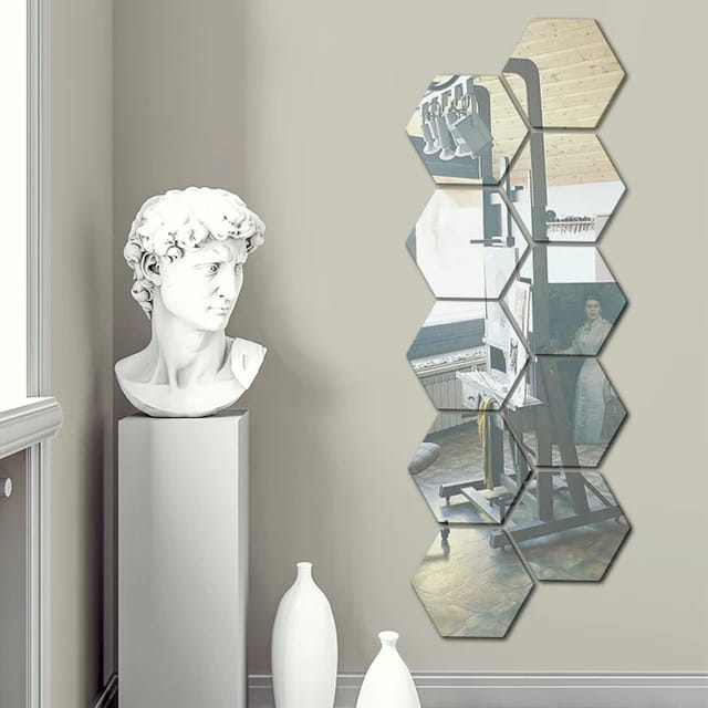 Silver Colour Hexagon Mirror 🪞 Stickers For Decoration-(12cm*11cm)-(10 Piece Set)_1