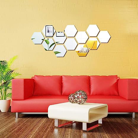 Silver Colour Hexagon Mirror 🪞 Stickers For Decoration-(12cm*11cm)-(10 Piece Set)_0