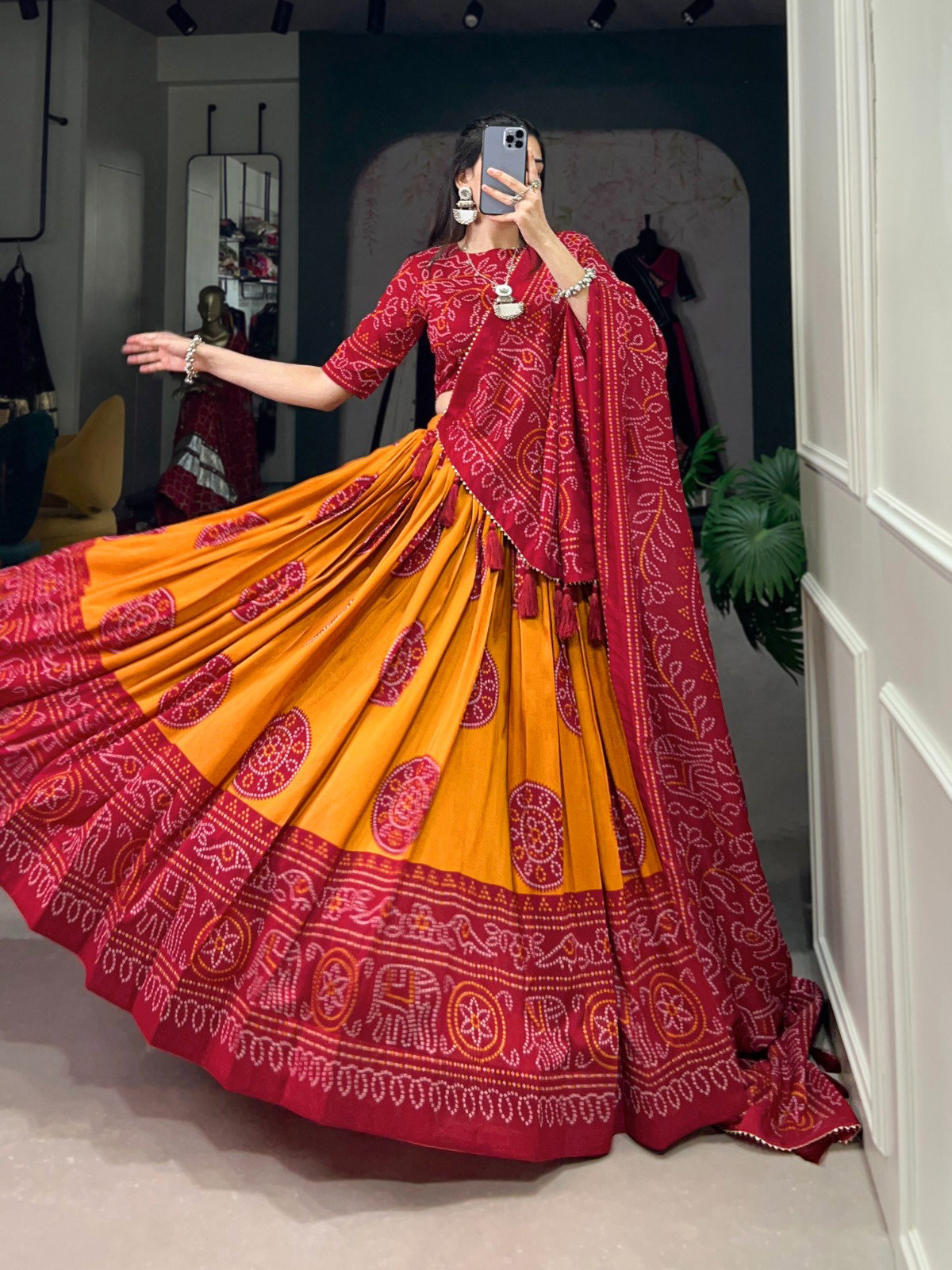 Tussar Silk Lehenga Chunni with Bandhej Print & Gota Patti Work_0