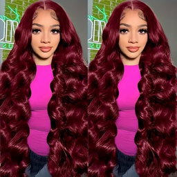 28 Inch 99j Burgundy Lace Front Wigs Human Hair 13x4 Body Wave Wig 180% Density Glueless Frontal Wigs Human Hair Pre Plucked Brazilian Virgin Human Hair Wigs Colored Wine Red for Women
