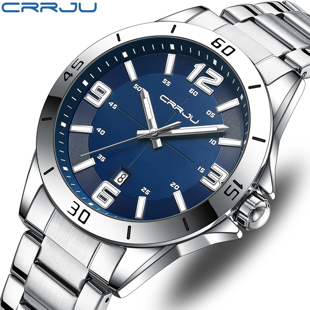 CRRJU 5003 Luxury Design Stainless Steel Watches Men’s Quartz Luminous Clock- Silver Blue_0