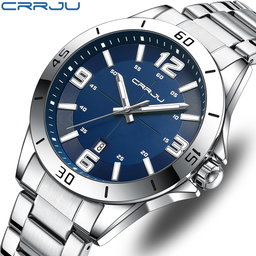 CRRJU 5003 Luxury Design Stainless Steel Watches Men’s Quartz Luminous Clock- Silver Blue