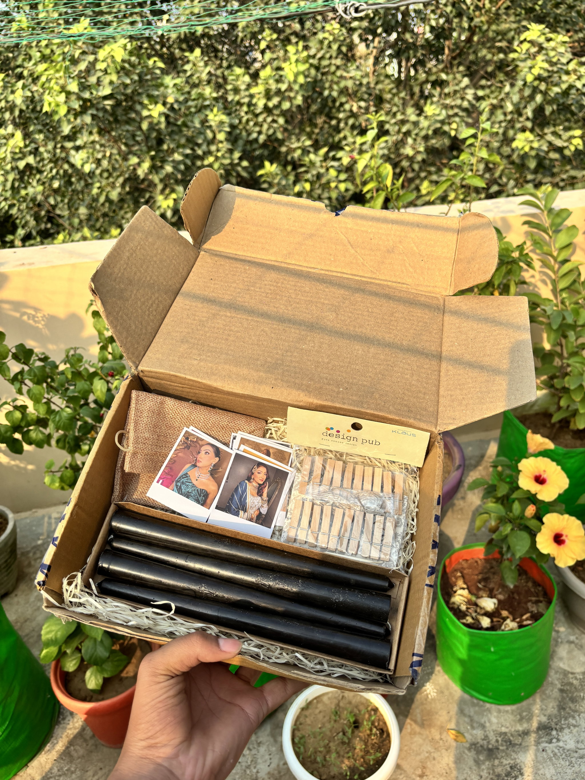 Diwali kit  One Table Candle set, 1 Jute Bag, 1 Wooden Stand, 10 Polaroids & also Customize  Your Box_1