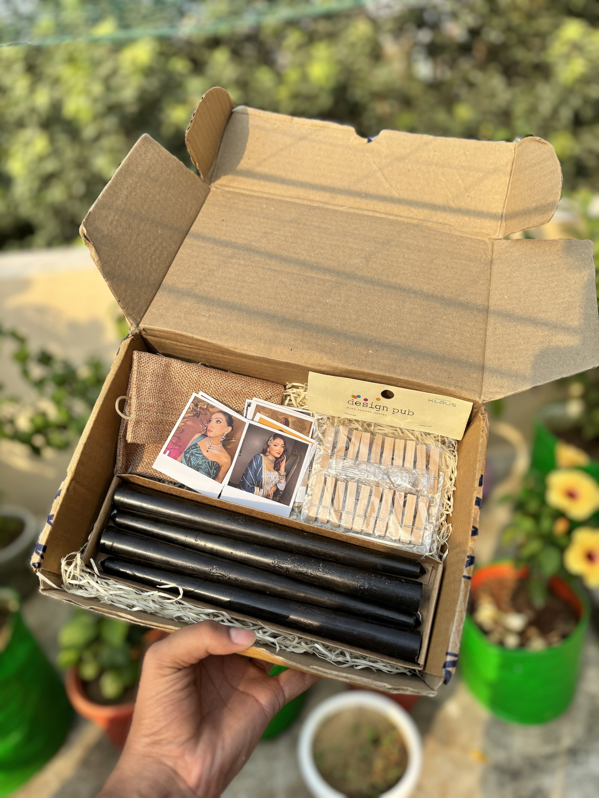 Diwali kit  One Table Candle set, 1 Jute Bag, 1 Wooden Stand, 10 Polaroids & also Customize  Your Box_0