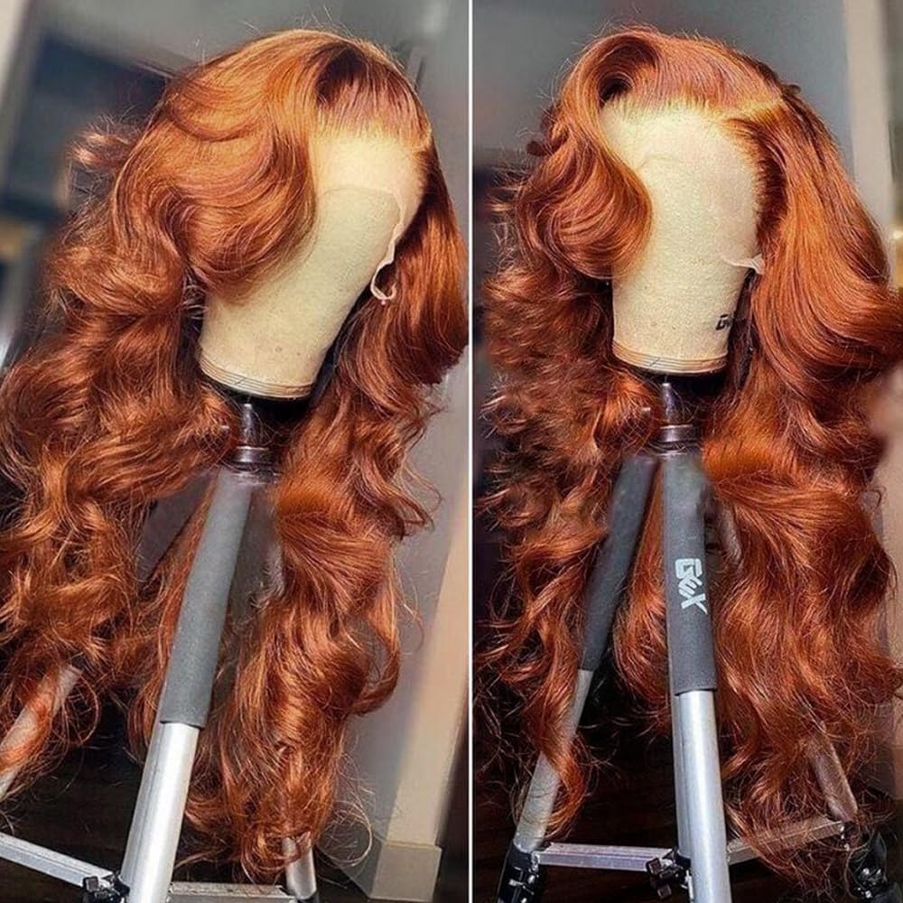 200 Density 13x6 Reddish Brown Lace Front Wigs Human Hair Pre Plucked 13x6 HD Transparent Body Wave Lace Front Wigs Human Hair With Baby Hair Ginger #33...