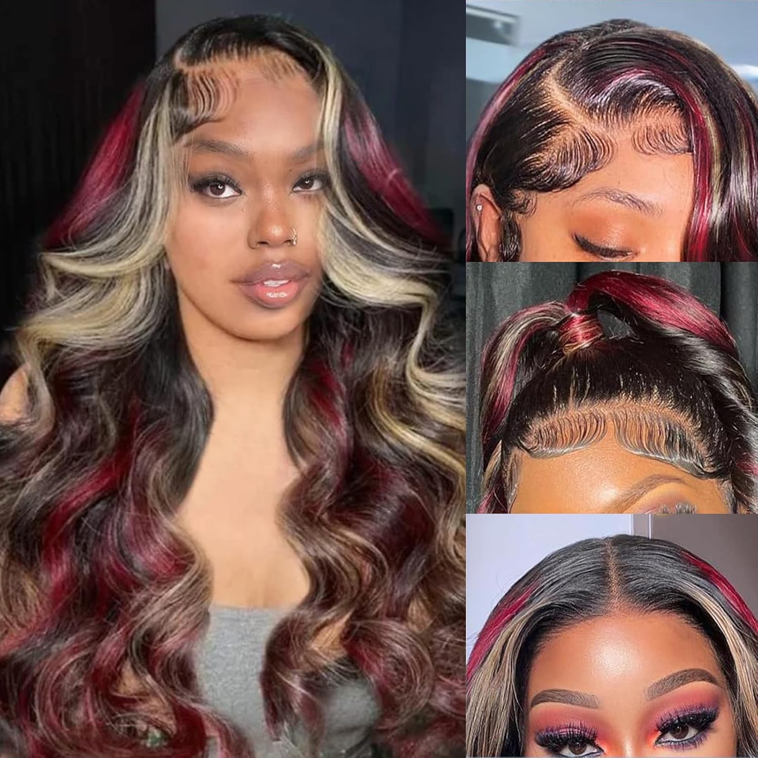 Skunk Stripe Wigs Black Red Blonde Highlights Wig Human Hair 13x4 HD Lace Front Human Hair Wigs 150% Density Pre Plucked with Baby Hair Black Red Blonde..._0
