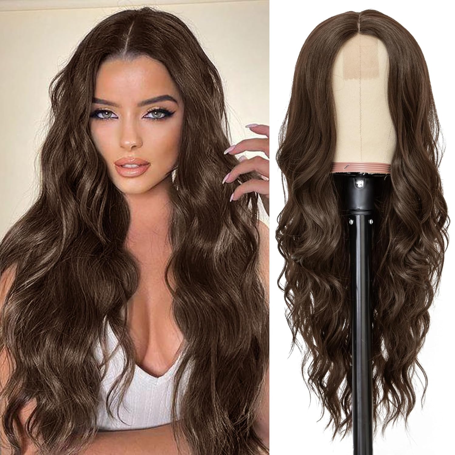 NAYOO Long Dark Brown Wavy Wig for Women 26 Inch Middle Part Curly Wavy Wig Natural Looking Synthetic Heat Resistant Fiber Wig for Daily Party Use (Dark Brown)_0