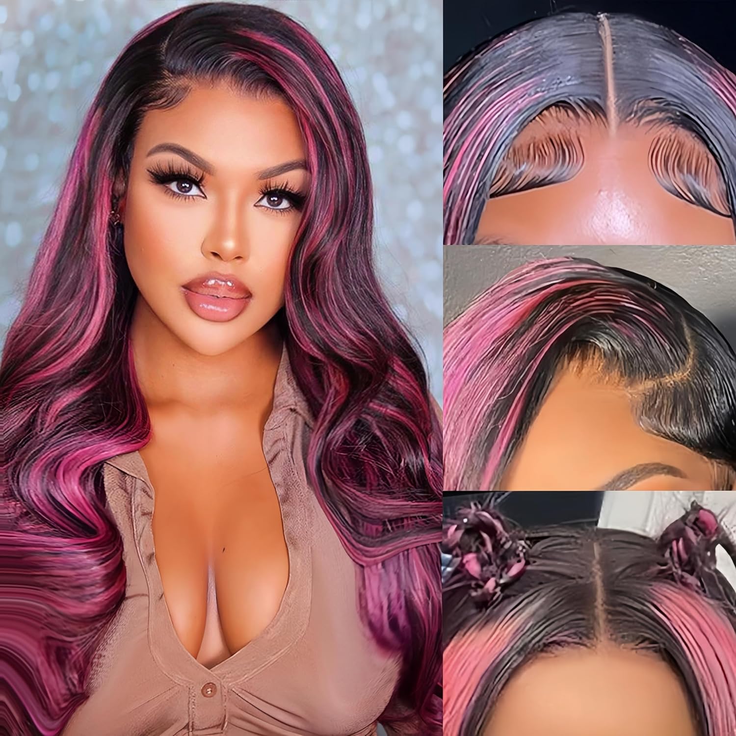 Highlight Lace Front Wig Human Hair 1B/Pink Colored Lace Front Wigs Human Hair 13x4 Body Wave Ombre Pink Wig Skunk Stripe Human Hair Wig Glueless Wigs 180%..._0