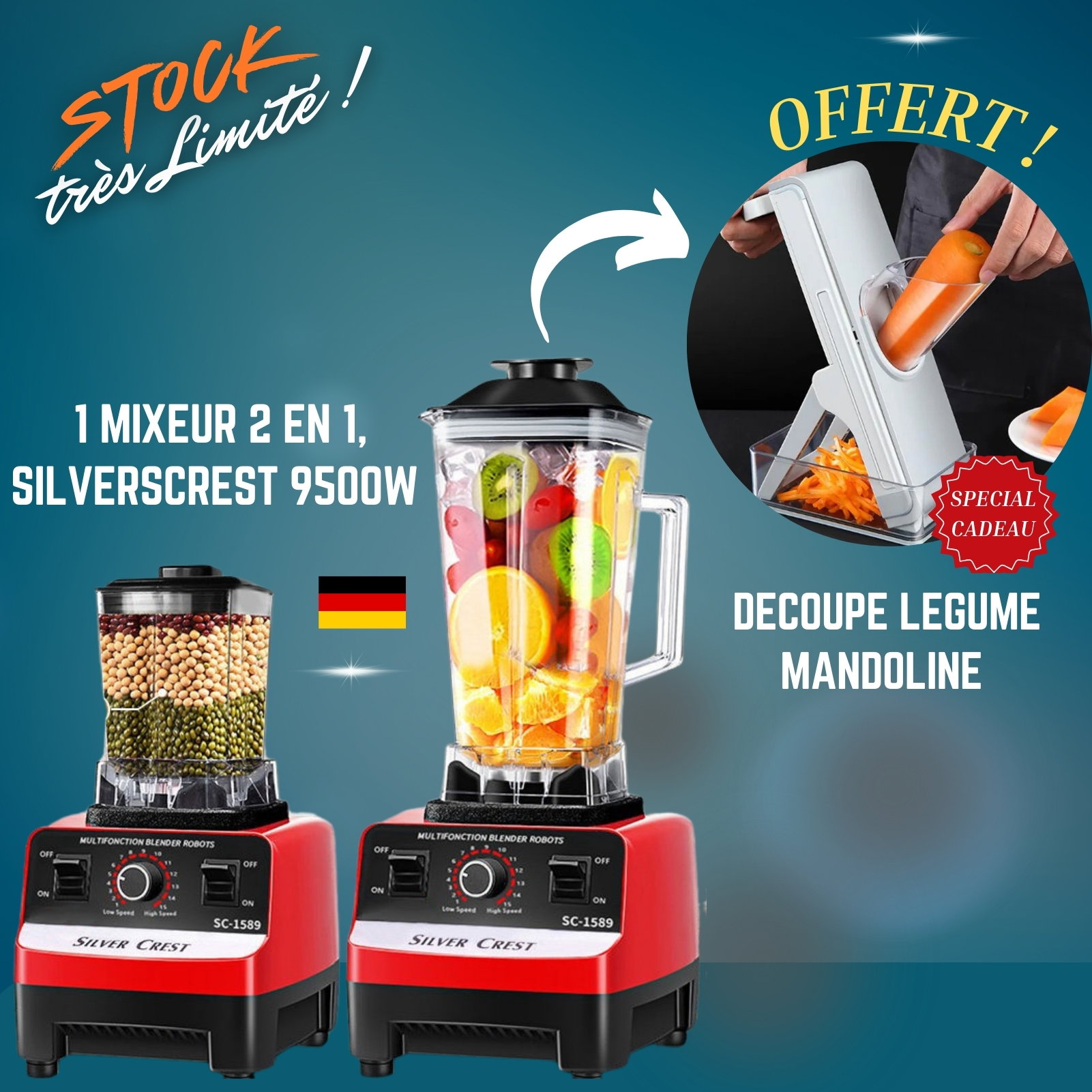 Mixeur Silver Crest 2 en 1 – Puissance 9500W + 1 Découpe-légume OFFERT !_2