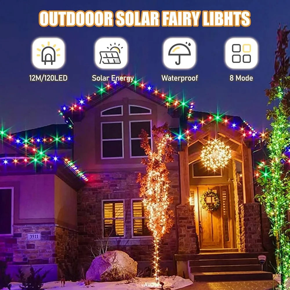 Guirlande Lumineuse Solaire Extérieure, 12m 120 LED Solaire 8 Modes Guirlande Guinguette Solaire Exterieure Étanche Décoration pour Jardin, Terrasse, Cour, Noël, Mariage, Fête Couleur_1