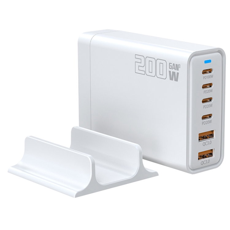 200W GaN 4 Type-C 2 USB Multi Ports Sharing Desktop Charger, Plug:UK Plug White