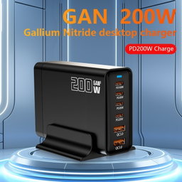 200W GaN 4 Type-C 2 USB Multi Ports Sharing Desktop Charger, Plug:UK Plug White