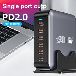 240W GaN 6-Ports USB-C / Type-C Multi Sharing Desktop Charger, Plug:UK Plug Grey
