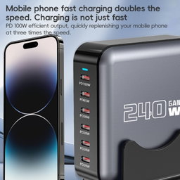 240W GaN 6-Ports USB-C / Type-C Multi Sharing Desktop Charger, Plug:UK Plug Grey