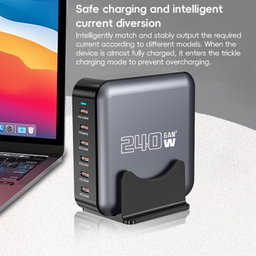 240W GaN 6-Ports USB-C / Type-C Multi Sharing Desktop Charger, Plug:UK Plug Grey