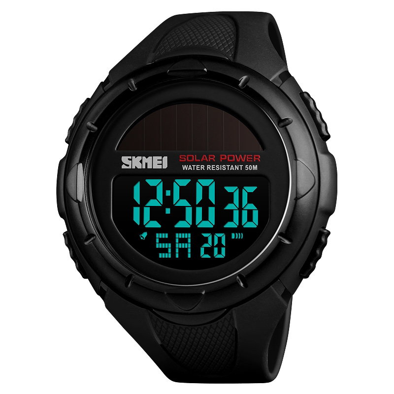  Fashion Solar Power Outdoor Sports Watch Multifunctional 50m Waterproof Men Digital Watch(Black)