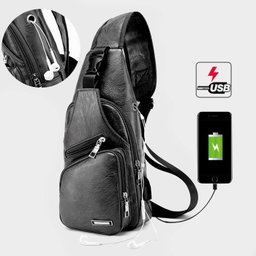 Waterproof Leisure PU Leather Single Shoulder Bag Men Chest Bag with USB Charging Port and Headphone Hole Black