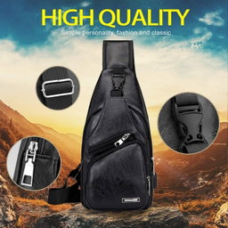 Waterproof Leisure PU Leather Single Shoulder Bag Men Chest Bag with USB Charging Port and Headphone Hole Black