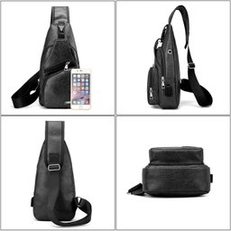 Waterproof Leisure PU Leather Single Shoulder Bag Men Chest Bag with USB Charging Port and Headphone Hole Black