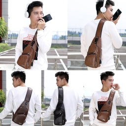 Waterproof Leisure PU Leather Single Shoulder Bag Men Chest Bag with USB Charging Port and Headphone Hole Black